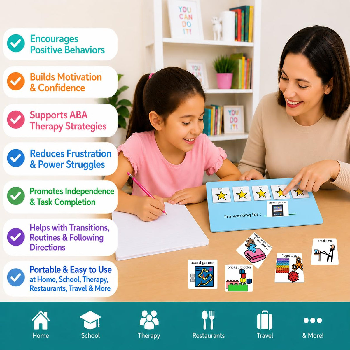 Visual Token Board System– Positive Behavior Reward Chart with Choice Board, 30 Reinforcer Cards & 5 Star Tokens for Home, School, ABA & Therapy and on the Go. (Green -Real Photos)