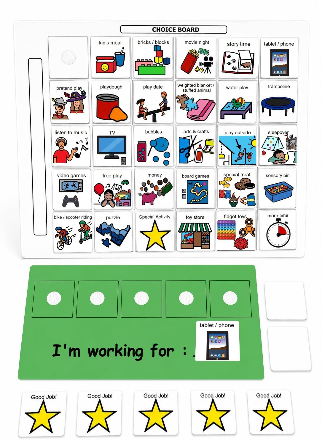 Visual Token Board System– Positive Behavior Reward Chart with Choice Board, 30 Reinforcer Cards & 5 Star Tokens for Home, School, ABA & Therapy and on the Go. (Green -Real Photos)