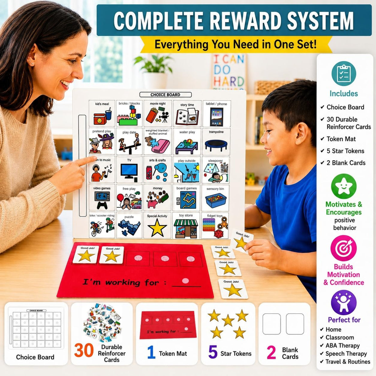 Visual Token Board System– Positive Behavior Reward Chart with Choice Board, 30 Reinforcer Cards & 5 Star Tokens for Home, School, ABA & Therapy and on the Go. (Green -Real Photos)