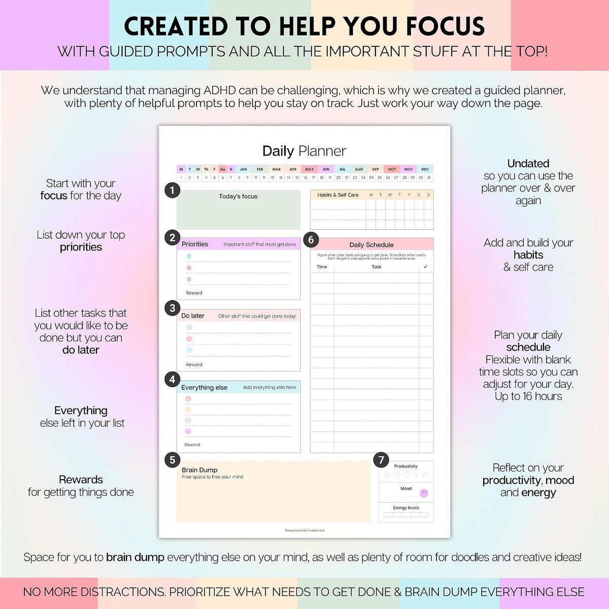 ADHD Daily Planner for Neurodivergent Adults - Productivity Daily Planner & Task Management to Stay Organized and Focused (Rainbow)