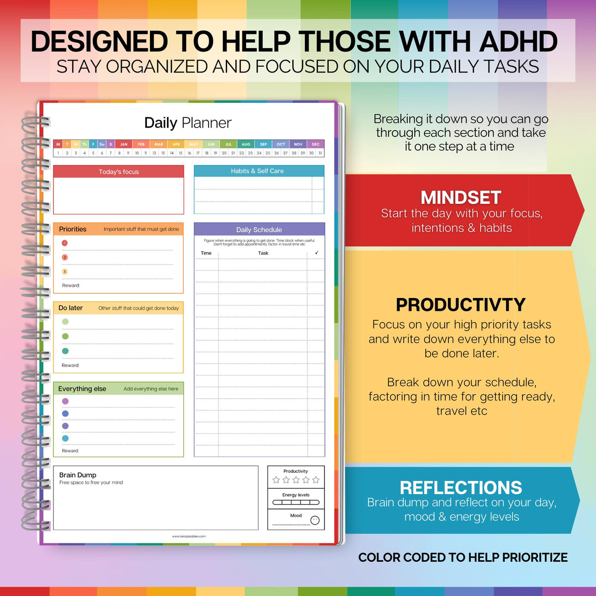 ADHD Daily Planner for Neurodivergent Adults - Productivity Daily Planner & Task Management to Stay Organized and Focused (Rainbow)