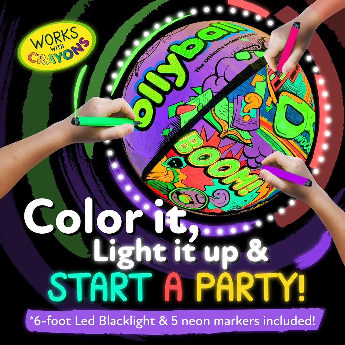 Ollyball NEW Glow Party! Glow in the Dark Inflatable Ball with LED Blacklight Strip and Five Glow Markers Included, Great Indoor Toy for Kids of All Ages!