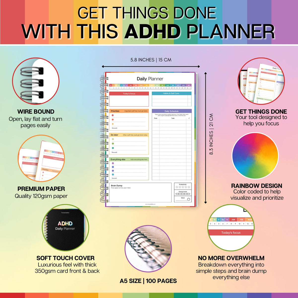 ADHD Daily Planner for Neurodivergent Adults - Productivity Daily Planner & Task Management to Stay Organized and Focused (Rainbow)