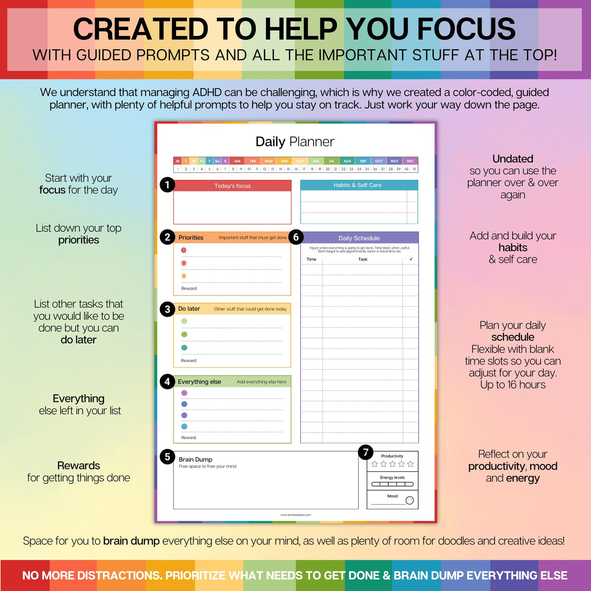 ADHD Daily Planner for Neurodivergent Adults - Productivity Daily Planner & Task Management to Stay Organized and Focused (Rainbow)