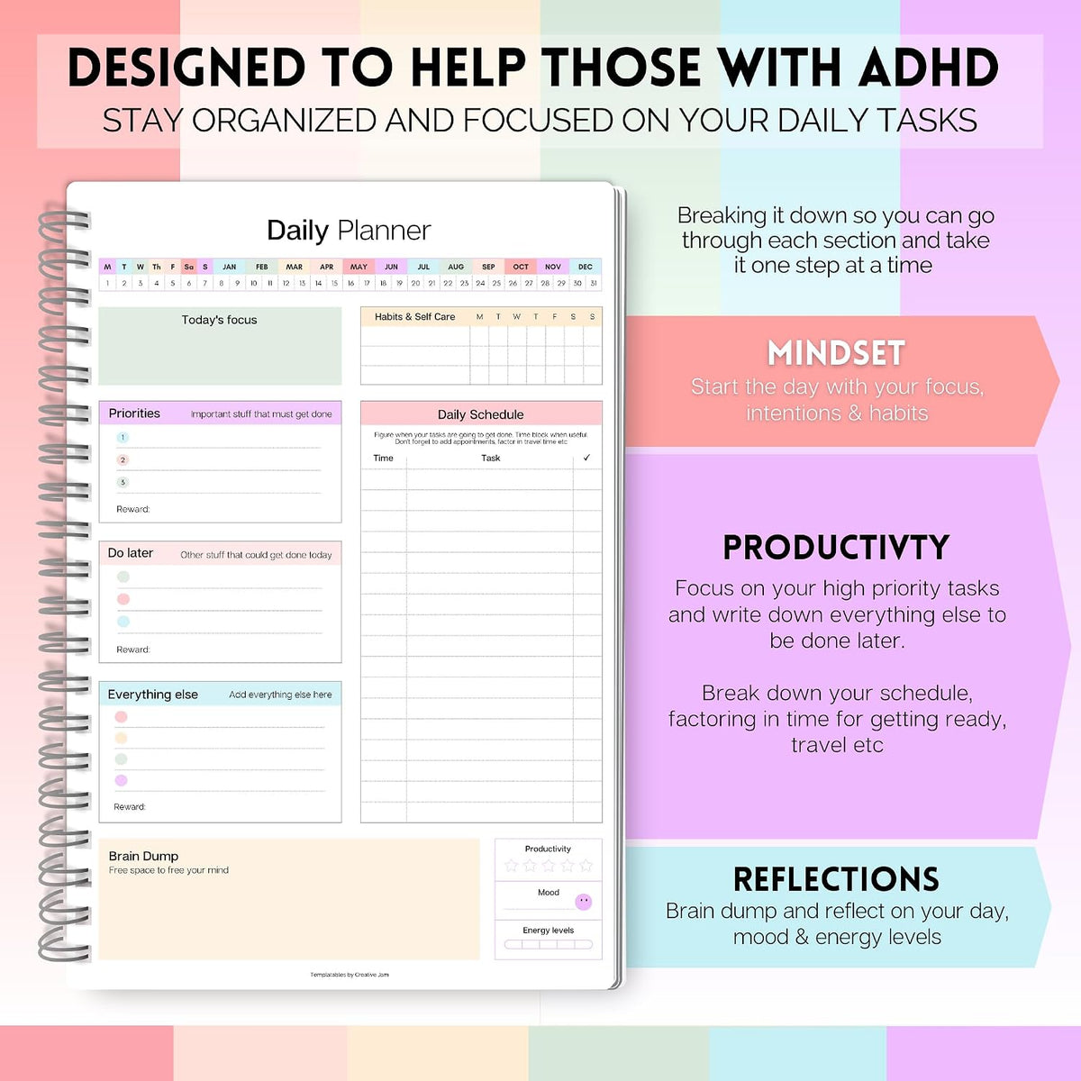 ADHD Daily Planner for Neurodivergent Adults - Productivity Daily Planner & Task Management to Stay Organized and Focused (Rainbow)