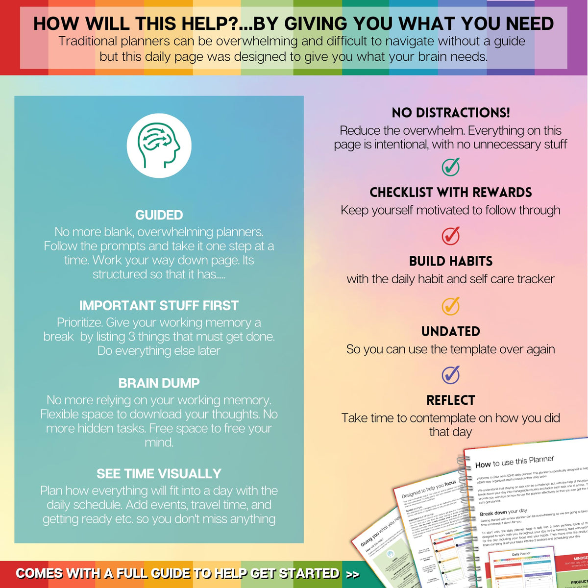ADHD Daily Planner for Neurodivergent Adults - Productivity Daily Planner & Task Management to Stay Organized and Focused (Rainbow)