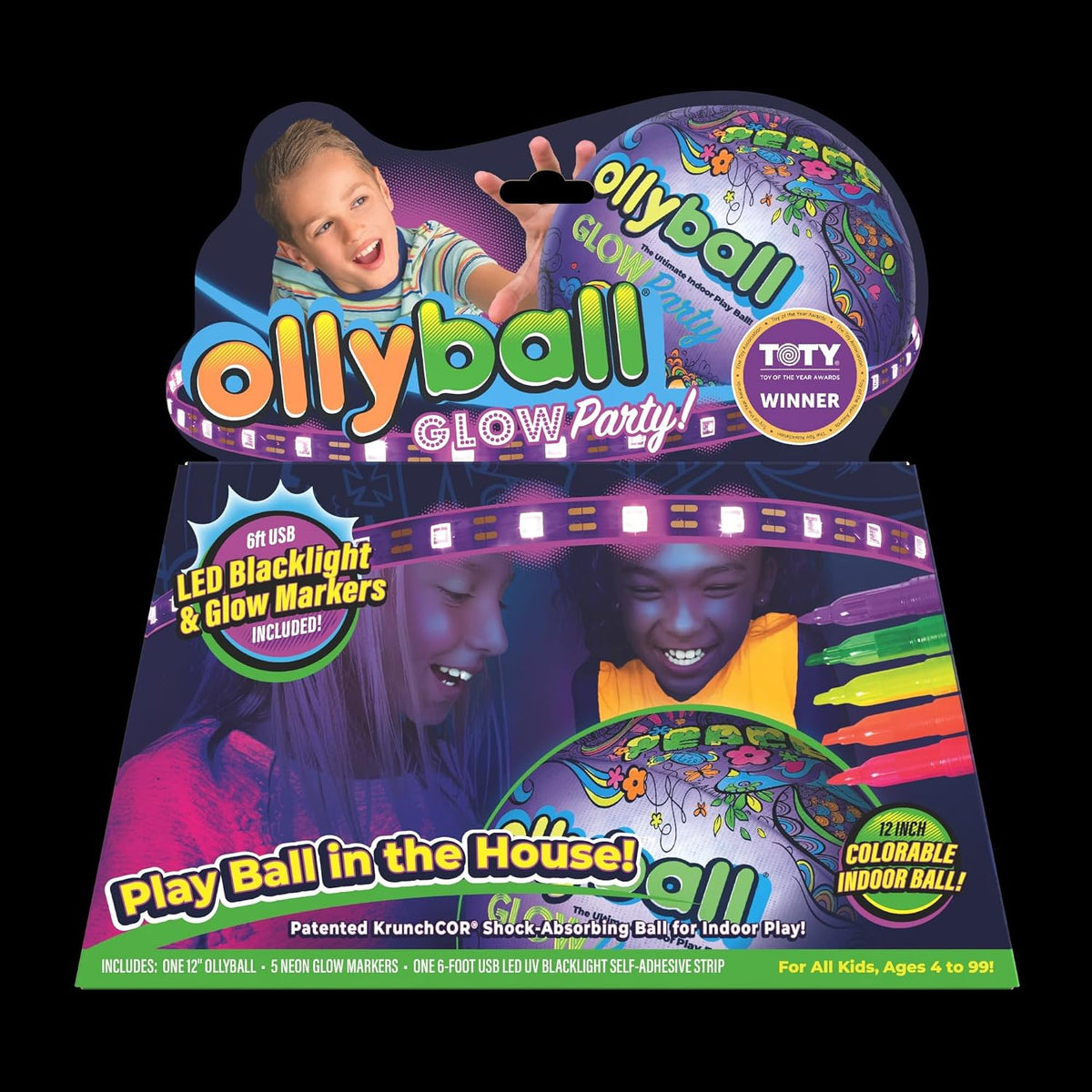 Ollyball NEW Glow Party! Glow in the Dark Inflatable Ball with LED Blacklight Strip and Five Glow Markers Included, Great Indoor Toy for Kids of All Ages!