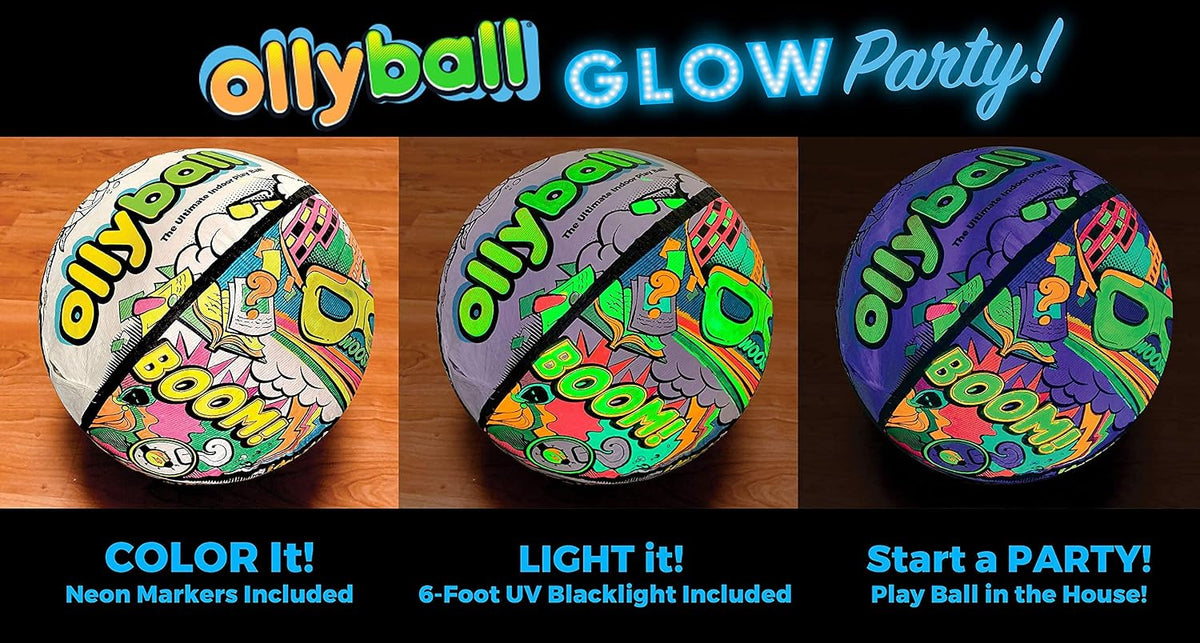 Ollyball NEW Glow Party! Glow in the Dark Inflatable Ball with LED Blacklight Strip and Five Glow Markers Included, Great Indoor Toy for Kids of All Ages!