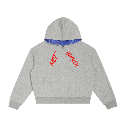 Contrast Plaid Boxy Zip Hoodie